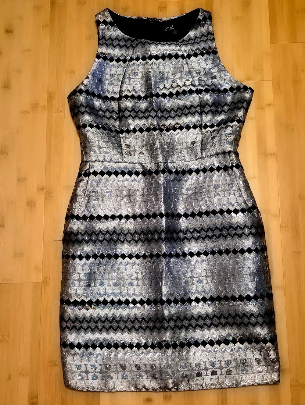 C. Luce Metallic Silver Geometric Brocade Mini Dress Festival Party Small